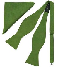 Olive Green Bow Tie and Pocket Square for Men Tuexdo Self-Tied Cotton Linen B...