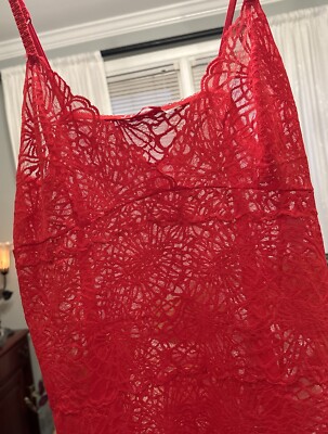Josie Natori Womens Stretch Nylon Lace Slip Dress Nightgown  L Chemise Red
