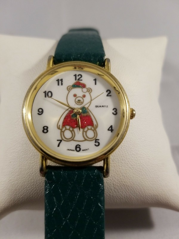 Women's Christmas Watch White Dial Green Leather Band Gold Case Teddy Bear 