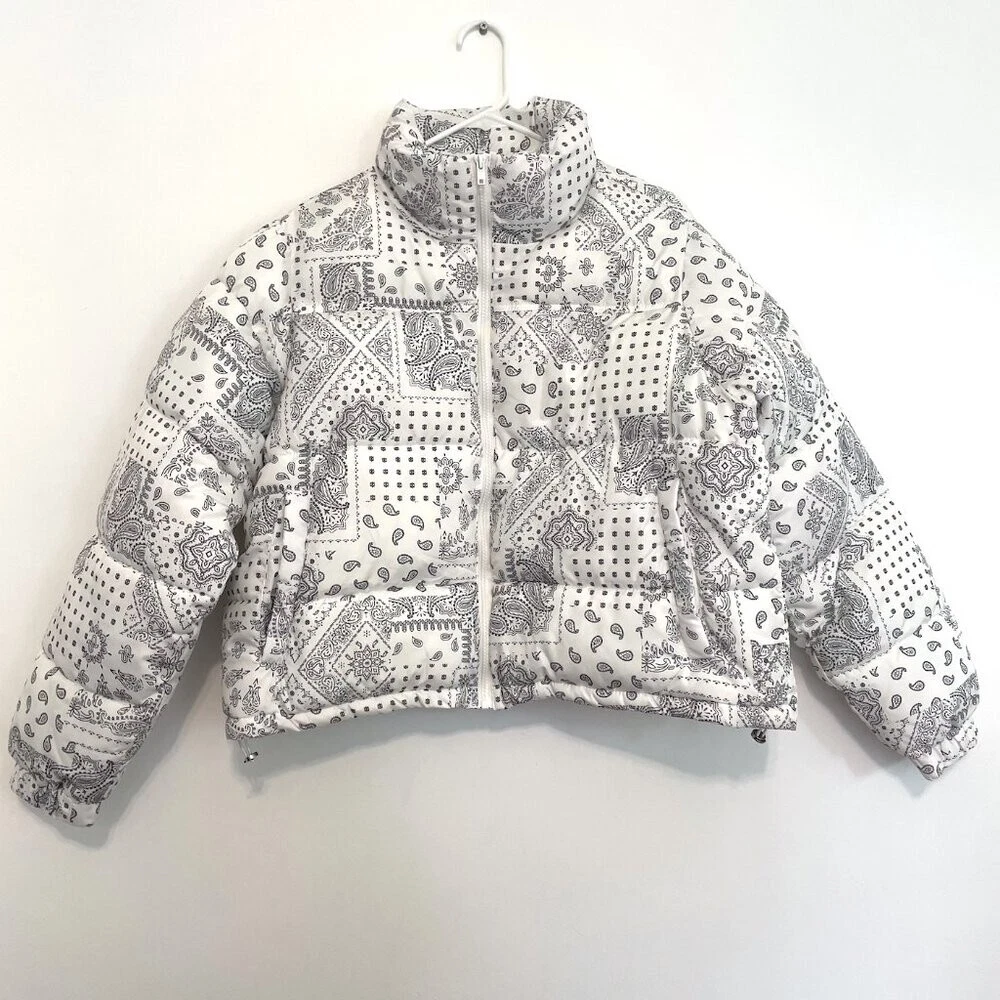 OFF WHITE Cappotto invernale Shein Paisley bianco stampa mista trapuntato puffer jacket medio US 6