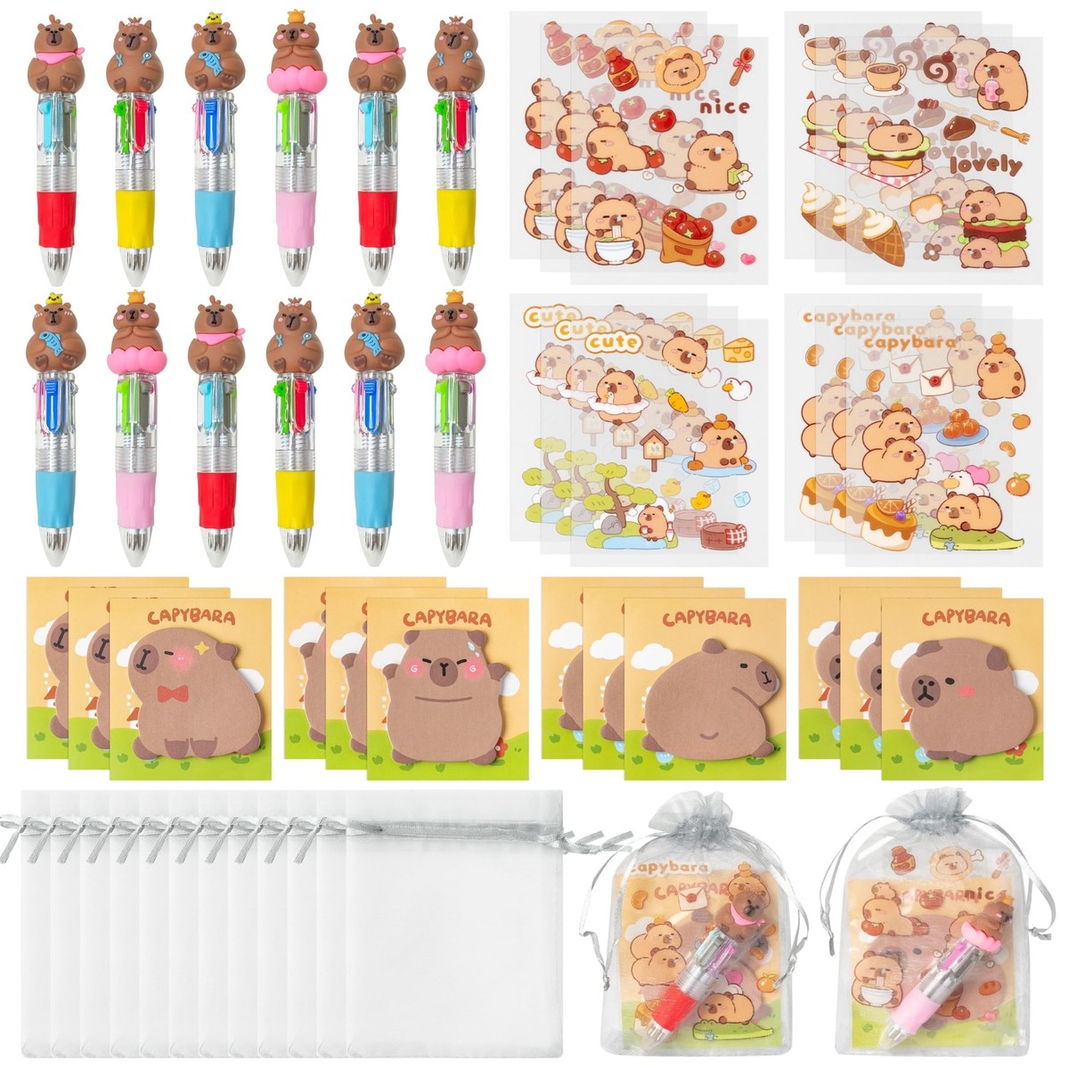Simpatiche penne gel Capybara, 4 penne Kawaii + adesivi, forniture per ufficio e scuola