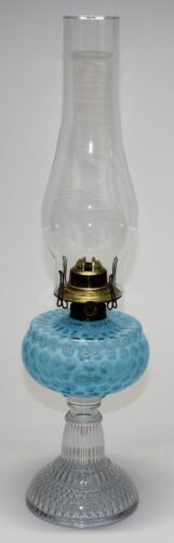 HOBBS BLUE OPALESCENT COIN DOT/WINDOWS 8 1/4" OIL LAMP - Picture 1 of 4