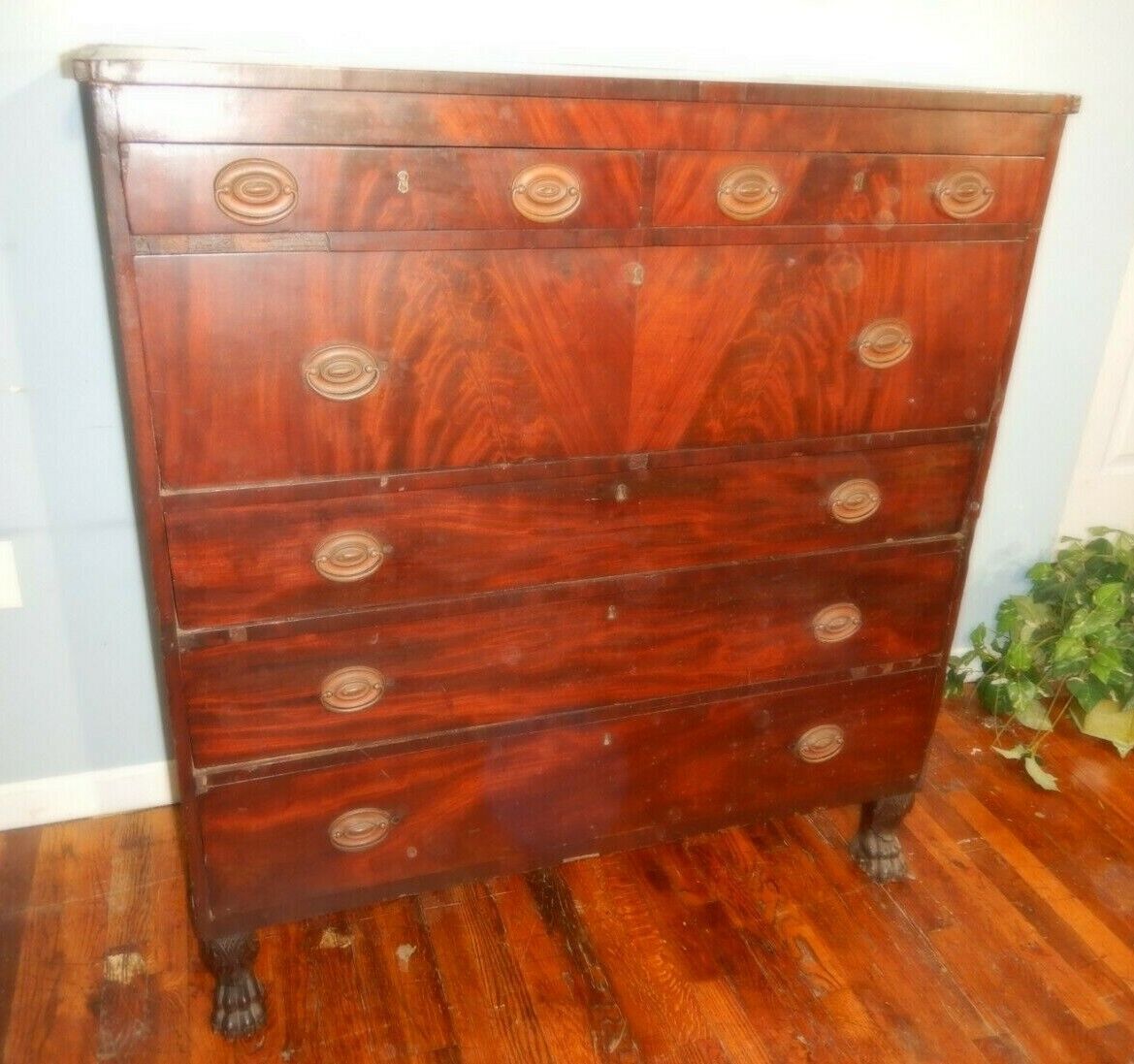 Antique Federal 6 Drawer Chest Mahogany flame fronts Dresser as found