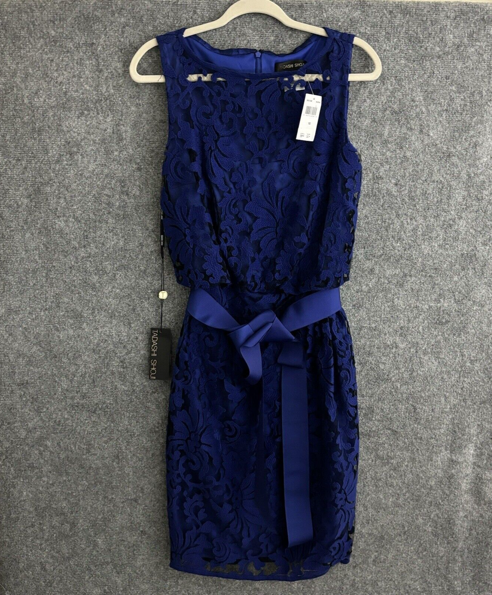 NEW Tadashi Shoji Dress Womens 10 Blue Lace Overlay Blouson Ribbon