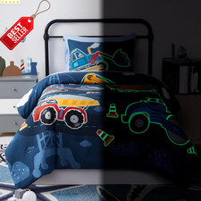 Kids Comforter Set Twin 5Pc Glow in the Dark Truck Tractor Excavator Bedding US