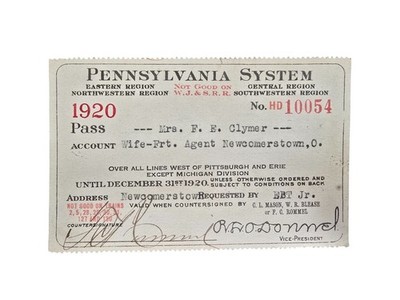 1920 Pennsylvania System Railroad Pass Mrs. F.E. Clymer Newcomerstown OH