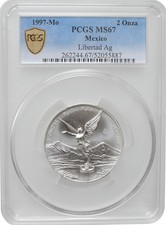 Mexico 2 onza 1997 Mo, PCGS MS67, "Silver Bullion Coinage "Libertad"