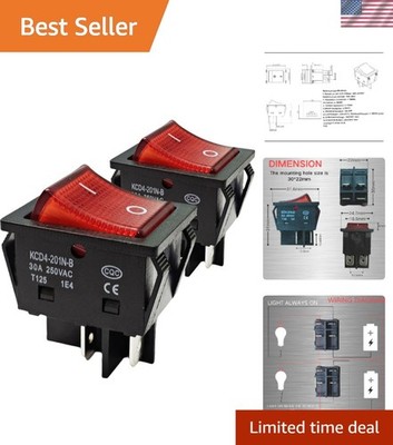 Compact 30A Rocker Toggle Switch with Red Indicator - 250V Heavy Duty 2 Pack