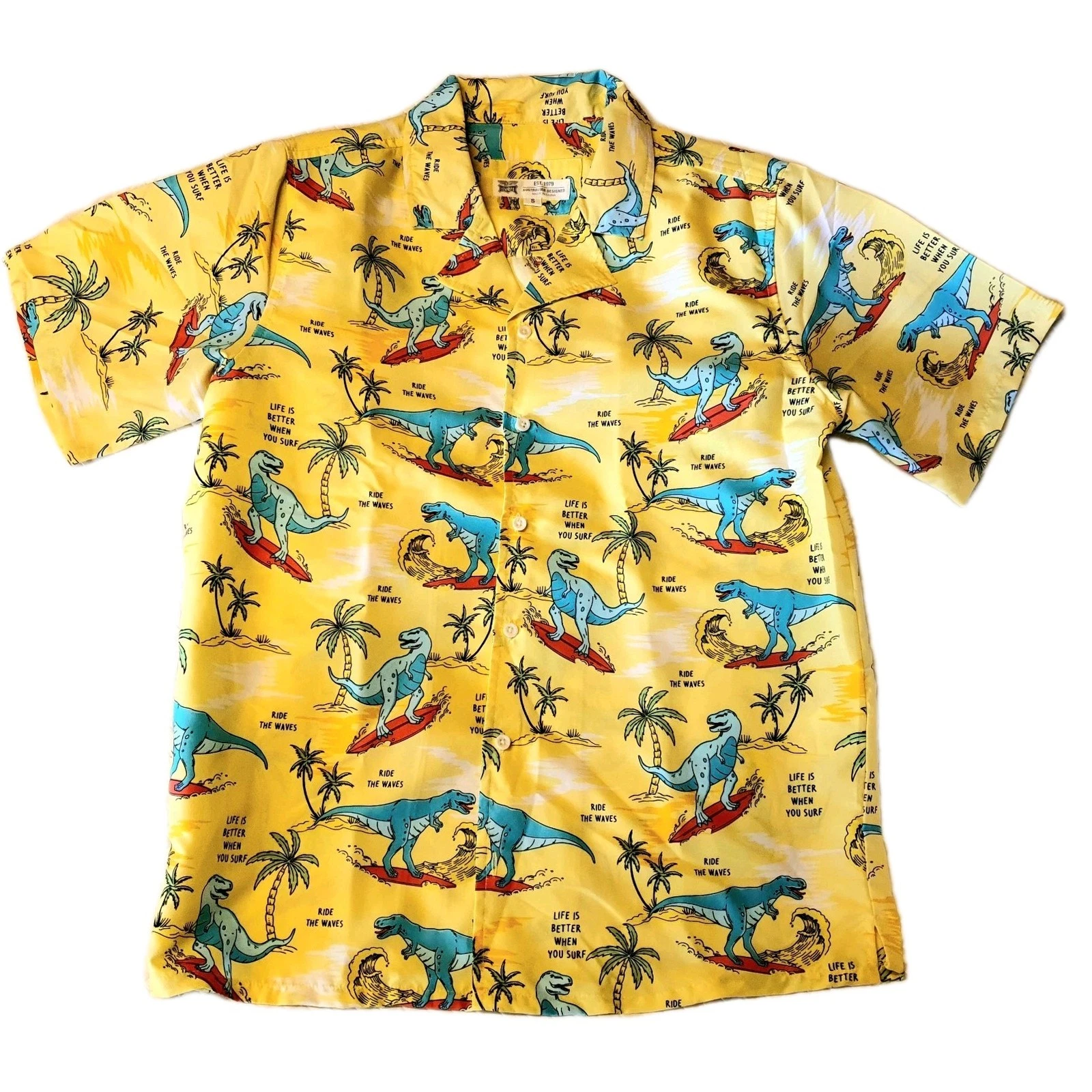 Rivers Men's Hawaiian Shirt Size S Yellow Surfing Dinosaur Tropical Island Print