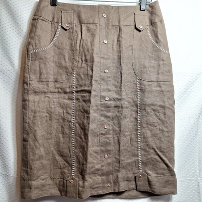 SAO PAULO 100% Linen Pencil Skirt Sz 6 Brown White Stitch Button Front Modest