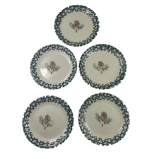 Folkcraft Pinecone Salad Plates Set of 5 8" Tienshan Spongeware Rustic Decor