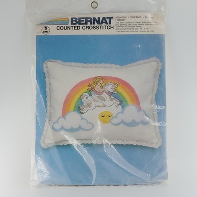 Vintage Bernat Counted Cross Stitch Unicorn Pillow Kit HEAVENLY DREAMS, NEW