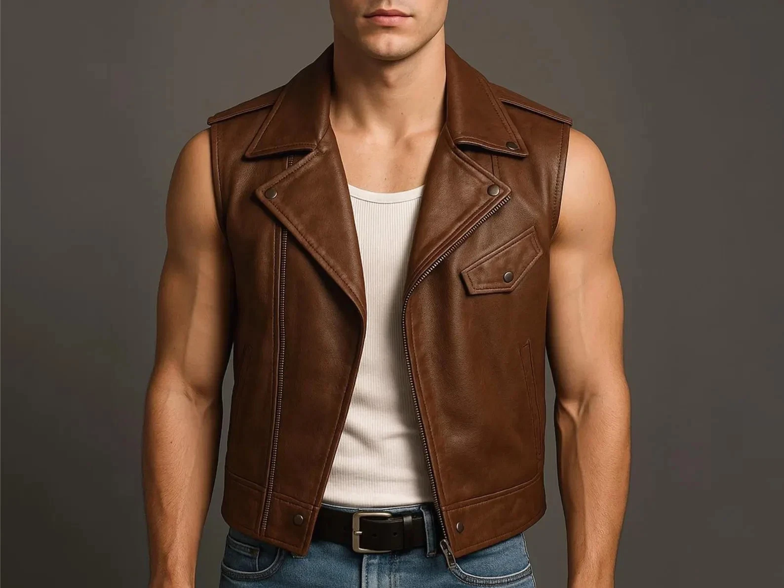Handmade Brown Leather Biker Vest - Vintage Rocker Moto Style