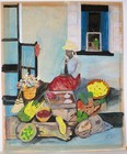 VINTAGE MIXED MEDIA WATERCOLOR PAPER 1971 SIGNED CHICO FOLK ART FRUIT VENDOR