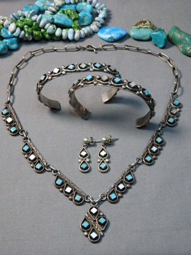 ZUNI Gasper SLEEPING BEAUTY TURQUOISE Sterling Silver Necklace 2 Cuffs Earrings