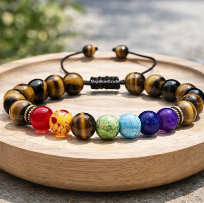 7 Chakra Tiger Eye Men's Bracelet Protection Balance Handmade Rainbow Crystal