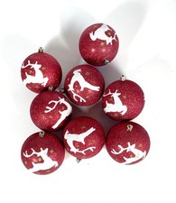 8 Vintage Christmas Ornaments Glitter Flocked Red with White Reindeer