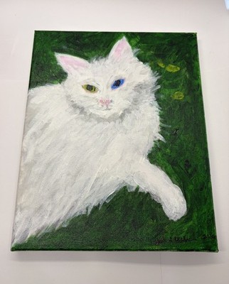  Albina II  Green & Blue Eyes White Fluffy Cat Original Acrylic Painting 10 x 8 