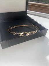 Vintage Diamonds and Blue Sapphire Gold Bangle with Clasp In 9ct