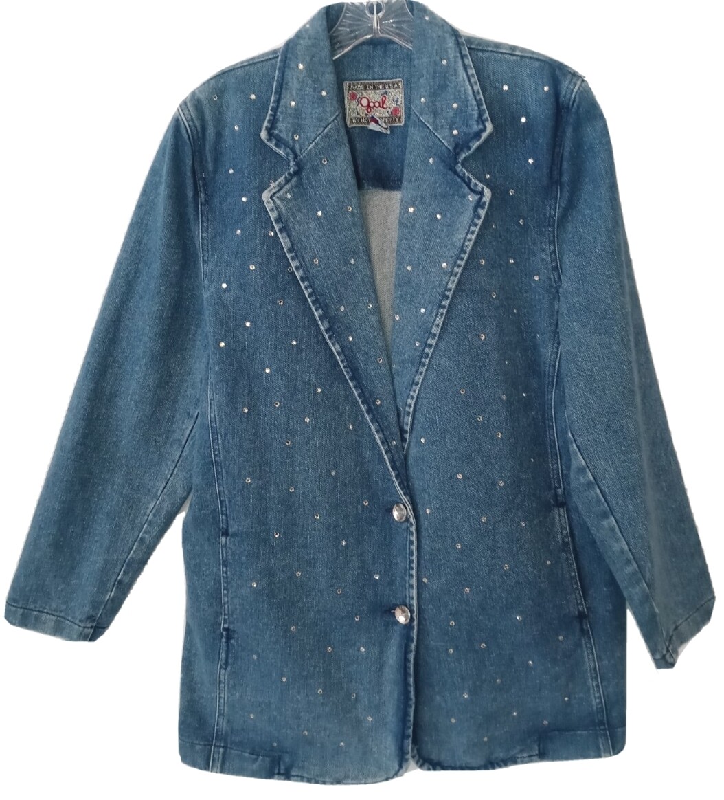 Vintage 80s Rhinestone Denim Blazer Jacket M Opal By Hot