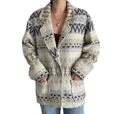 Vintage 90s Womens Express Aztec Western Cowgirl Hippie Blue Wool Jacket Sz M
