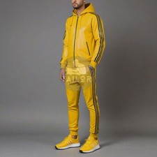 Mens Genuine Real Lambskin Yellow Leather Track Suit Sweatsuit Jogging Tracksuit