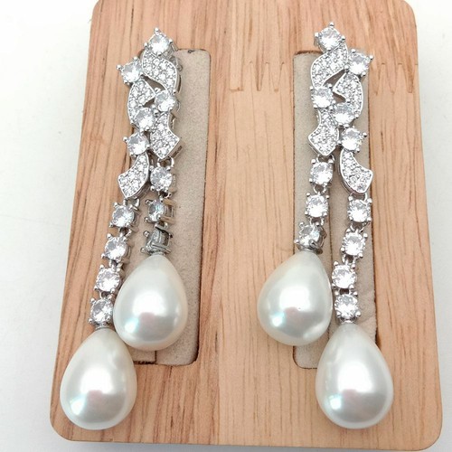 Teardrop White Sea Sell Pearl Cz pave White Gold Plated Stud Earrings - Picture 7 of 7
