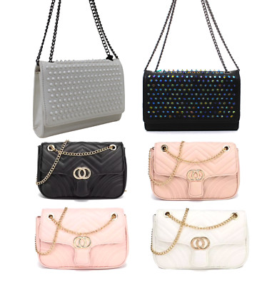 Damen Klapp Umhängetasche Nieten Mode Kunstleder Kette Schulter Handtasche