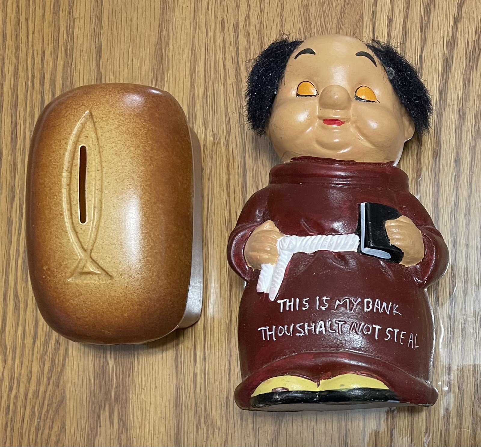 World Vision Love Loaf Bread Bank AND Monk Coin Bank Thou Shalt Not Steal