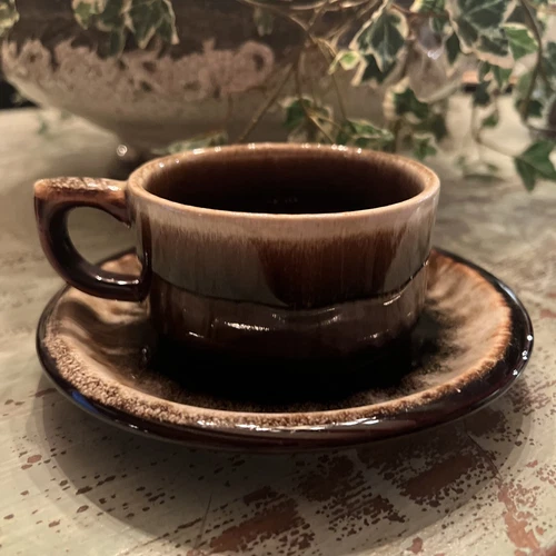 Vintage Pfaltzgraff Gourmet Brown Drip Glaze Coffee Tea Cup With Saucer USA