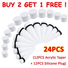 24PC Ear Stretching Kit White Acrylic Tapers SOLID Silicone Ear Plug 00G-3/4''
