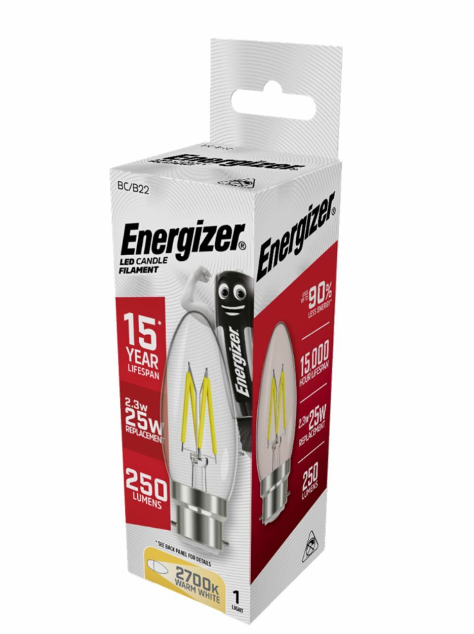 Energizer LED B22 Filament Bulb Candle Vintage 2.3W Warm White 2700K Edison Bulb