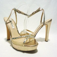 Nina Gold Shimmer Rhinestone Embellished Ankle Strap Heel Sandals Size 9M