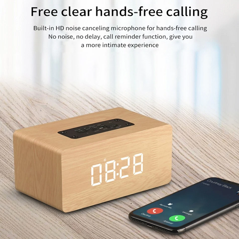 Double Horn Wooden Bluetooth Speaker Digital  Alarm Clock : LED Display For Home - Image 4 of 4