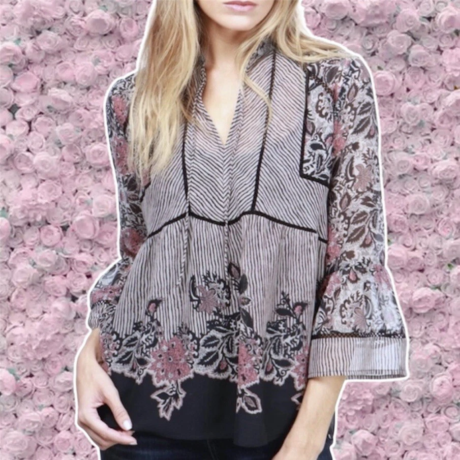 Blusa boho con estampado mixto de Lucky Brand manga campana 3/4 floral a rayas de gasa nueva con etiquetas