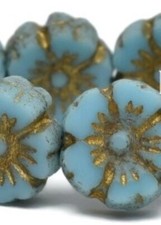 1634, 9mm Hibiscus Flower Sky Blue/Etched Finish/Gold Wash, 5 Beads, hb9-14 