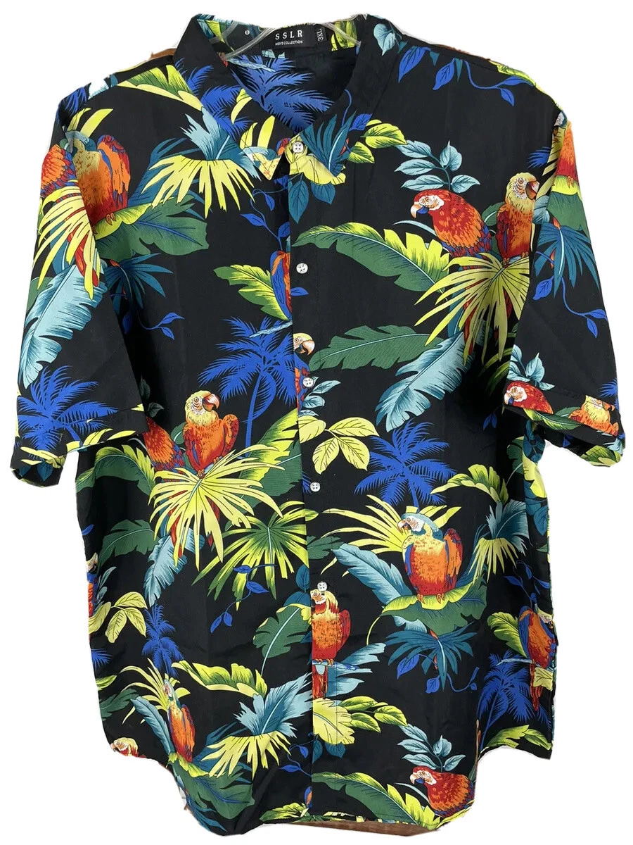 Hawaiian Camp Shirt Multi Color Parrots Tropical Button Up Mens Sz 3 XL SSLR