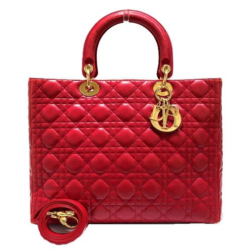 Christian Dior Lady Dior Large Handbag Leather Red with Papers Unisex #WPB073