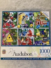 Audubon Linen Puzzle Birdhouse Village COMPLETE 1000 Pieces w/Poster Birds