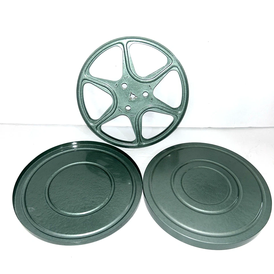 "Carrete de película metálica vacío vintage de 8 mm 7"" y estuche proyector de películas para el hogar azul grisáceo" Foto 4 de 4