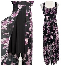 Vintage Maxi Dress 8 M Black Floral Sheer Babydoll Stretch Knit Split Front