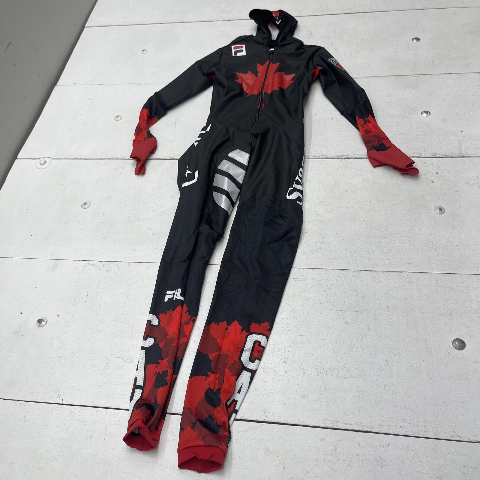 Traje de patinaje de velocidad Fila Canada para hombre pequeño negro rojo pieza con capucha traje de piel de carrera