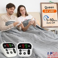 Queen Electric Blanket Dual Control Fast Heating 10 Temp Auto-Off Soft Flannel