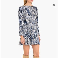 The Good Journey Dress Women XL Blue White Abstract Print Long Sleeve Minidress