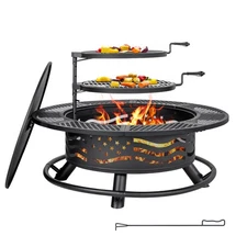 42 Inch Fire Pit with 2 Cooking Grates, Outdoor Wood Burning BBQ Grill