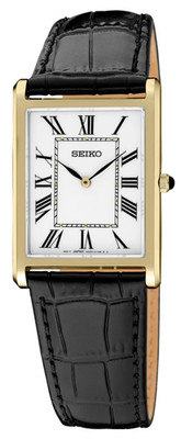 Seiko Essentials Rectangular Gold Tone Case Black Leather Men s Watch SWR104