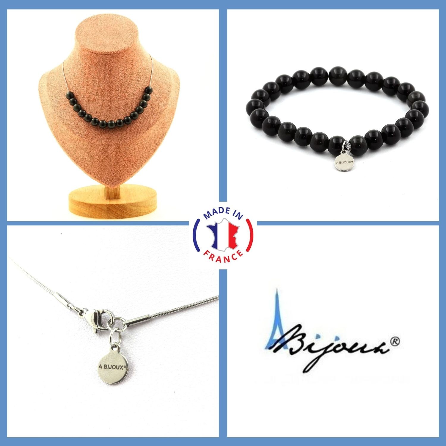 Parure bijoux Collier et Bracelet en Perles d'Obsidienne Noire 15mm pour Homme et Femme