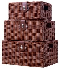Set Of 3 Woven Wicker Storage Basket Box With Lid  Lock Builtin Carry Handles M