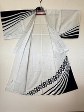 Vintage Japanese Yukata Kimono Cotton White Navy Chain Stripe Pattern 60"