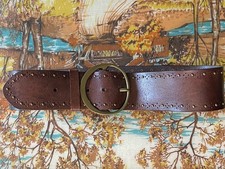 Chico's Brown Wide Leather Belt Brass Rivets Buckle Waist Belt Boho Sz S VTG